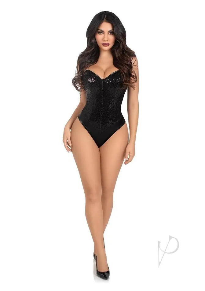 Leg Avenue Female Sex Toys Sequin Bone Snap Bodysuit Strap Lg Blk
