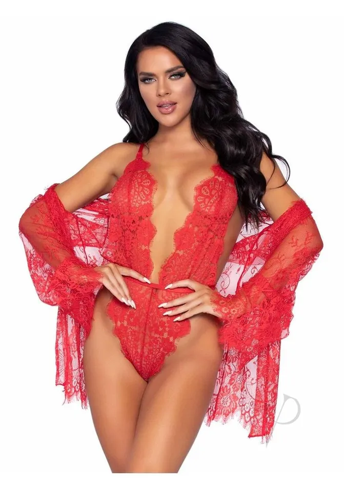 Leg Avenue Floral Lace Teddy Thong Robe Tie Md Red Vibrators